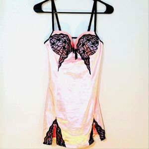 Vintage Y2K Black Lace Blush Satin Coquette Bow Mini Slip Dress Size Med